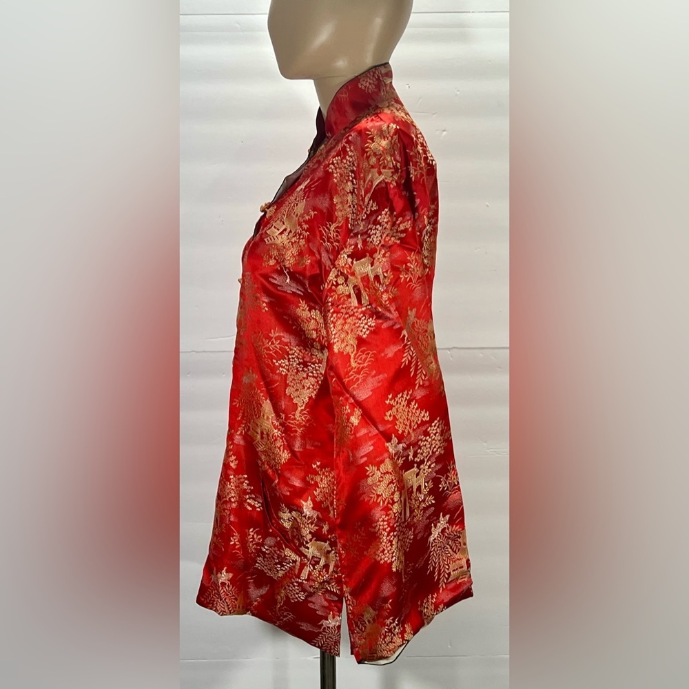 Red Brocade Mandarin Collar Button-Down Shirt with Gold Detail Size Medium - Picture 3 of 8